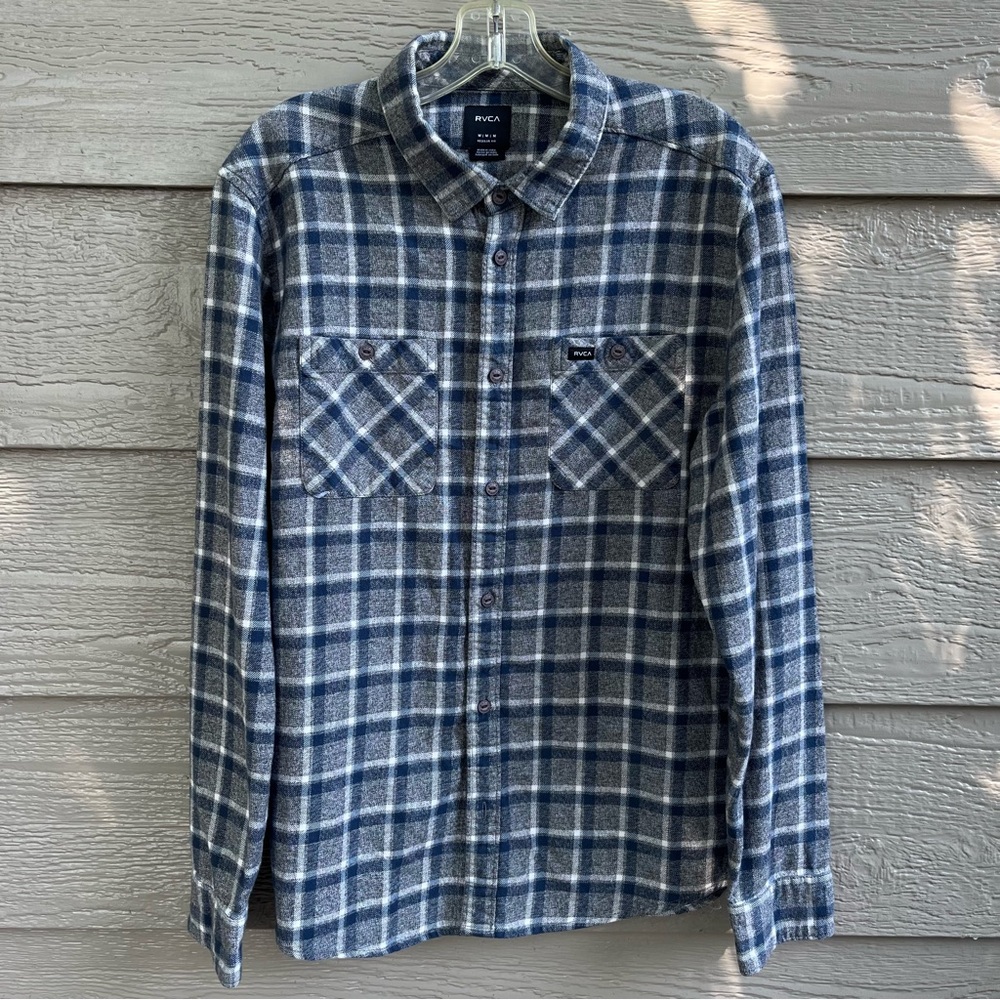 RVCA Men Medium Gray Blue‎ Hero Plaid ButtonUp Flannel ShirtCheck Preppy Country